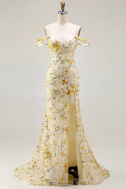 Robe de bal longue sirène jaune à paillettes dénudée avec broderie