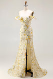Robe de bal longue sirène jaune à paillettes dénudée avec broderie