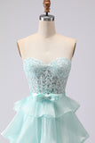 Corset sans anneaux à perles perlés vert A Line longue robe de bal en dentelle