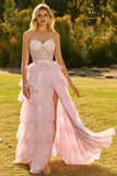 Corset de bal long à volants Pink Sweetheart A-Line avec fente