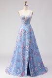 Corset A-Line bleu brodé en dentelle dans le dos, longue robe de bal fleurie avec fente