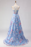 Corset A-Line bleu brodé en dentelle dans le dos, longue robe de bal fleurie avec fente