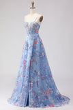 Corset A-Line bleu brodé en dentelle dans le dos, longue robe de bal fleurie avec fente