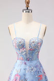 Corset A-Line bleu brodé en dentelle dans le dos, longue robe de bal fleurie avec fente