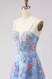 Corset A-Line bleu brodé en dentelle dans le dos, longue robe de bal fleurie avec fente