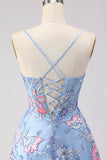 Corset A-Line bleu brodé en dentelle dans le dos, longue robe de bal fleurie avec fente
