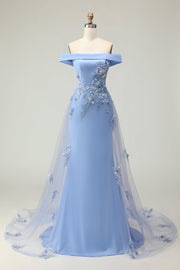 Épaule dénudée gris sirène bleue appliquée mère de la mariée robe à paillettes