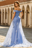 Robe de la mère de la mariée en applique gris-bleu-bleu avec des paillettes
