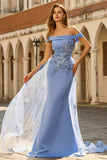 Robe de la mère de la mariée en applique gris-bleu-bleu avec des paillettes