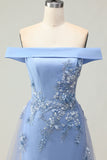 Robe de la mère de la mariée en applique gris-bleu-bleu avec des paillettes