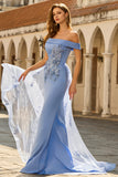 Robe de la mère de la mariée en applique gris-bleu-bleu avec des paillettes