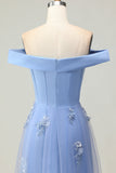 Robe de la mère de la mariée en applique gris-bleu-bleu avec des paillettes