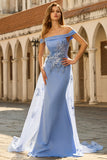 Robe de la mère de la mariée en applique gris-bleu-bleu avec des paillettes