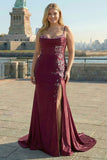 Robe de bal longue taille grande taille brodée brodée de sirène bordeaux bourgogne avec fente