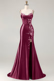 Robe de bal longue taille grande taille brodée brodée de sirène bordeaux bourgogne avec fente