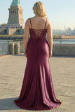Robe de bal longue taille grande taille brodée brodée de sirène bordeaux bourgogne avec fente