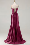 Robe de bal longue taille grande taille brodée brodée de sirène bordeaux bourgogne avec fente