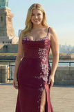 Robe de bal longue taille grande taille brodée brodée de sirène bordeaux bourgogne avec fente