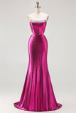 Corset de merée perlée en fuchsia métallique longue robe de bal bustière