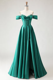 Robe de bal longue vert foncé à épaule décalée perlé avec fente
