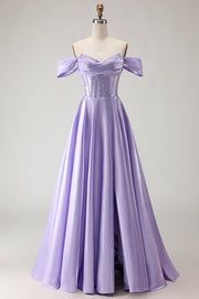Robe de bal longue corset violette perlée aux épaules décollées