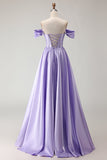 Robe de bal longue corset violette perlée aux épaules décollées