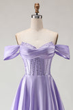 Robe de bal longue corset violette perlée aux épaules décollées
