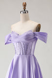Robe de bal longue corset violette perlée aux épaules décollées