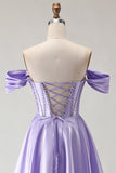 Robe de bal longue corset violette perlée aux épaules décollées
