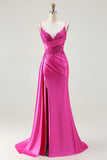 Robe De Soirée longue perlée sirène sirène fuchsia avec fente