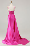 Robe De Soirée longue perlée sirène sirène fuchsia avec fente