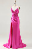 Robe De Soirée longue perlée sirène sirène fuchsia avec fente