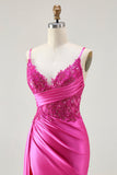 Robe De Soirée longue perlée sirène sirène fuchsia avec fente