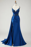 Serpentin de sirène bleu marine robe longue de bal perlée et froncée avec fente