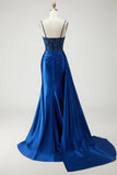 Serpentin de sirène bleu marine robe longue de bal perlée et froncée avec fente