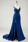 Serpentin de sirène bleu marine robe longue de bal perlée et froncée avec fente