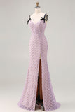 Corset perlé de sirène lilas avec paillettes et longue robe de bal avec fente