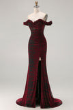 Corset de bal noir rouge sirène grande taille à épaules décalés, robe de bal longue avec fente
