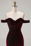 Corset de bal noir rouge sirène grande taille à épaules décalés, robe de bal longue avec fente