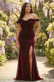 Corset de bal noir rouge sirène grande taille à épaules décalés, robe de bal longue avec fente