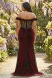Corset de bal noir rouge sirène grande taille à épaules décalés, robe de bal longue avec fente