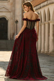 Robe longue de bal en corset rouge noir corset dénudé avec fente