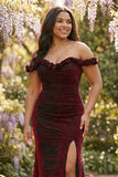 Corset de bal noir rouge sirène grande taille à épaules décalés, robe de bal longue avec fente