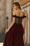 Robe longue de bal en corset rouge noir corset dénudé avec fente