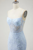 Robe longue de bal de promo en corset transparent en dentelle perlée à applique sirène bleue avec fente