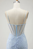 Robe longue de bal de promo en corset transparent en dentelle perlée à applique sirène bleue avec fente