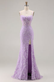 Corset transparent sirène violette à bretelles fines à bretelles en dentelle avec perles et longue robe de bal avec fente