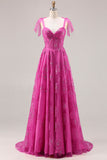 Robe de bal longue Burnot fleurie perlée en fuchsia avec dentelle dans le dos