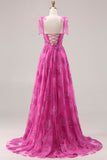 Robe de bal longue Burnot fleurie perlée en fuchsia avec dentelle dans le dos