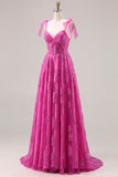 Robe de bal longue Burnot fleurie perlée en fuchsia avec dentelle dans le dos